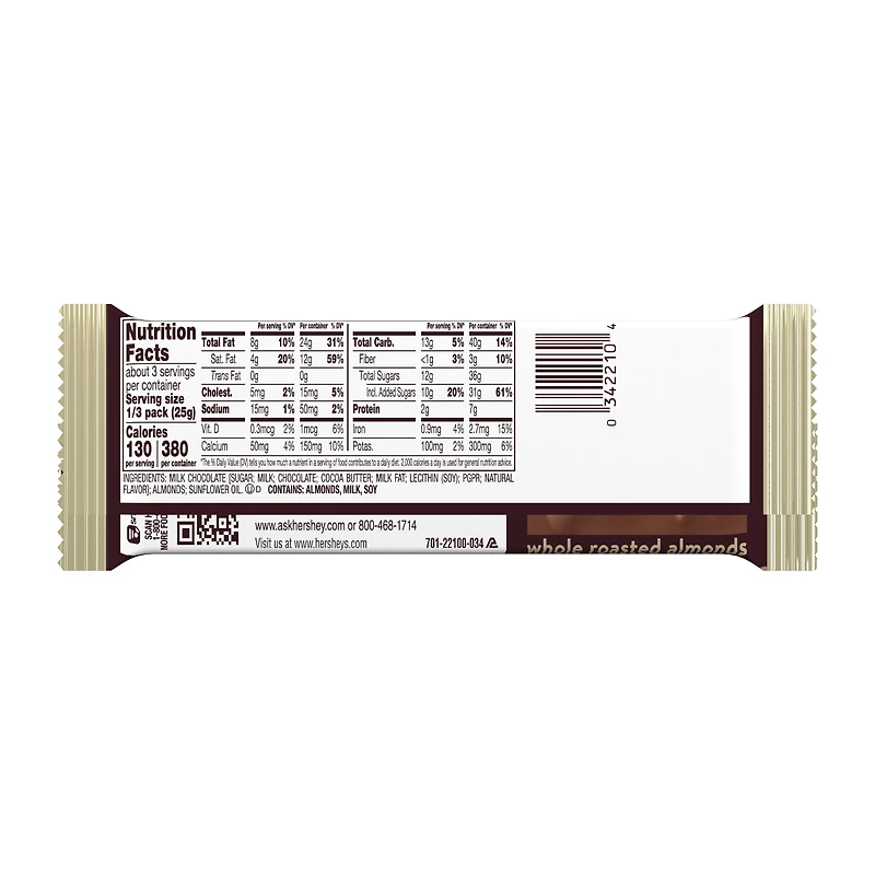 hershey's® milk chocolate whole almonds king size candy bar 2.6oz
