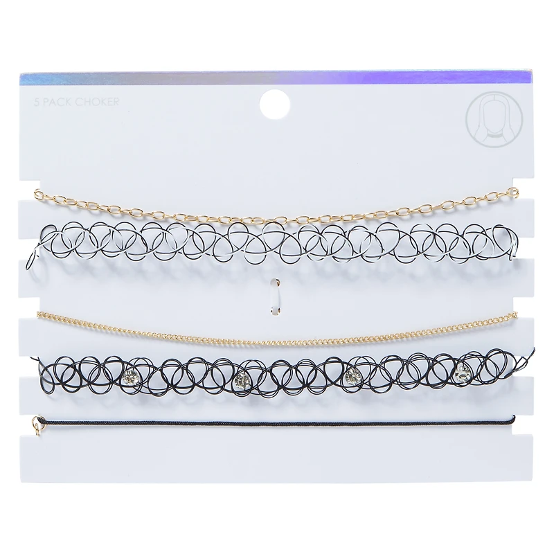 gold chain & black tattoo choker necklaces set, 5-piece