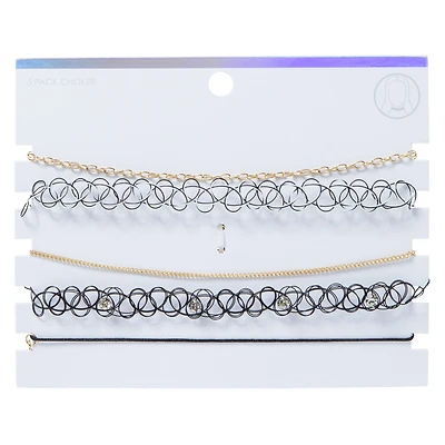 gold chain & black tattoo choker necklaces set, 5-piece