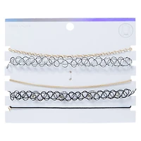 gold chain & black tattoo choker necklaces set, 5-piece