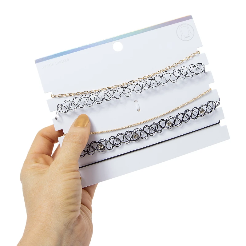 gold chain & black tattoo choker necklaces set, 5-piece