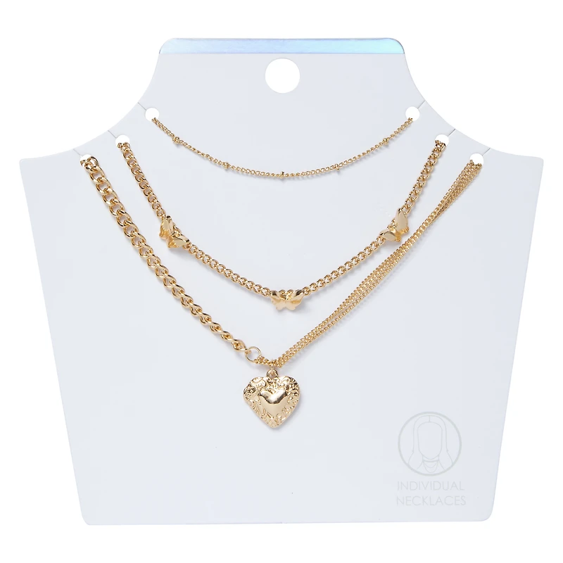 gold locket & butterfly layering necklaces set, 3-piece