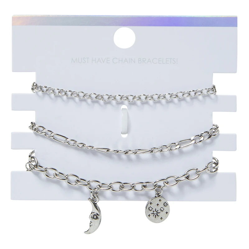 silver sun & moon charm bracelets, 3-piece set