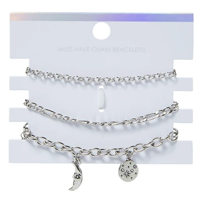 silver sun & moon charm bracelets, 3-piece set