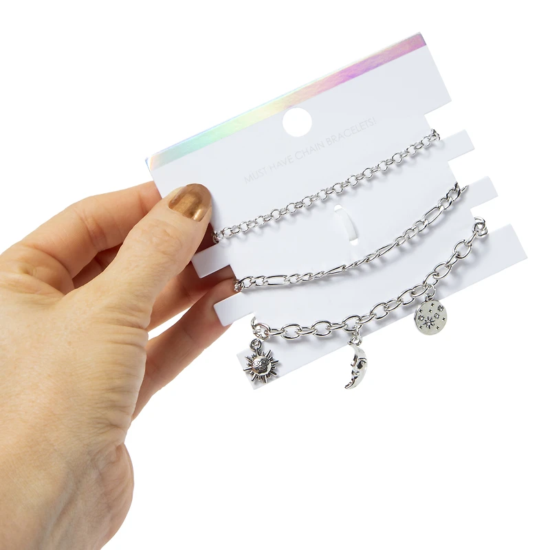 silver sun & moon charm bracelets, 3-piece set