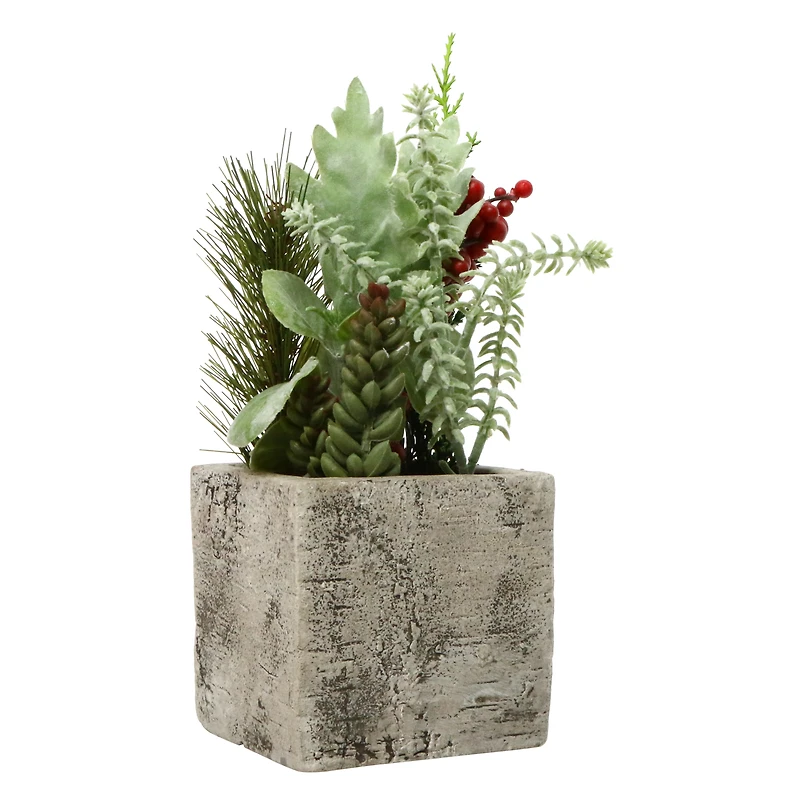 faux plants in square cement pot 4in x 10in