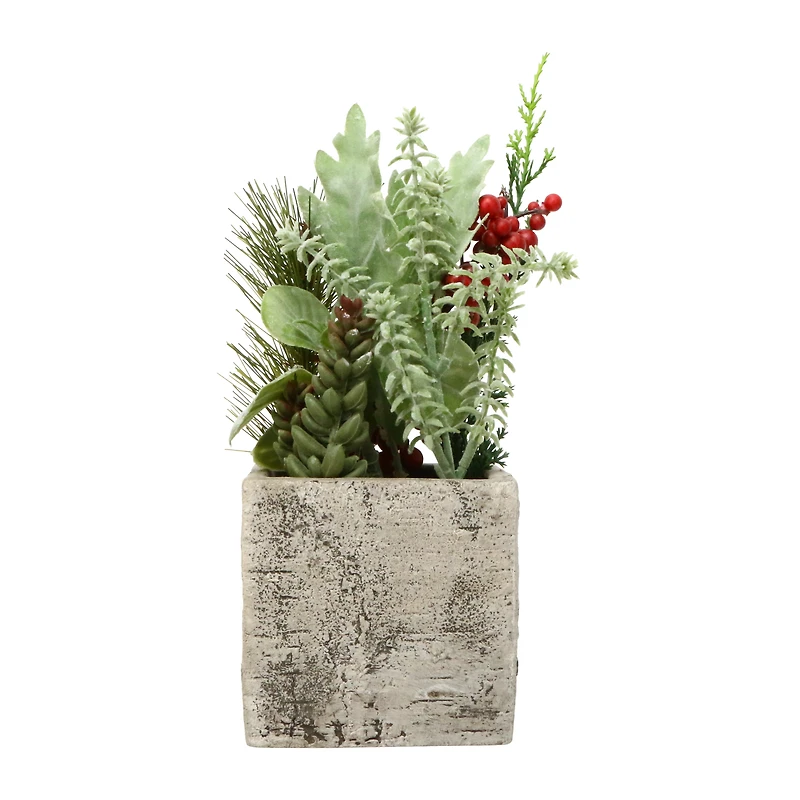 faux plants in square cement pot 4in x 10in