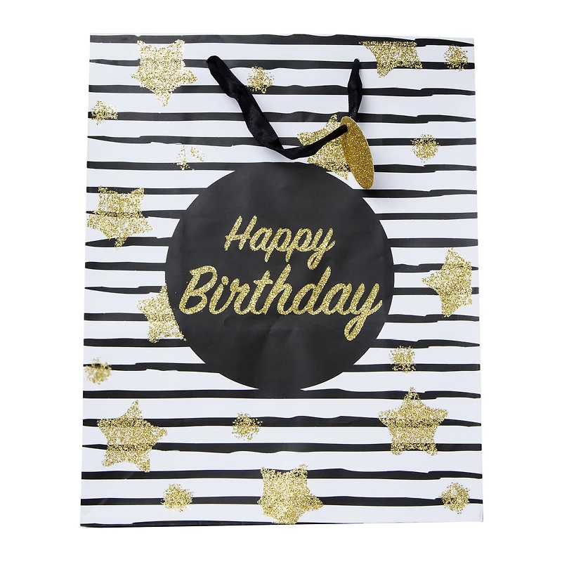 large gold glitter happy birthday gift bag 10in x 12in