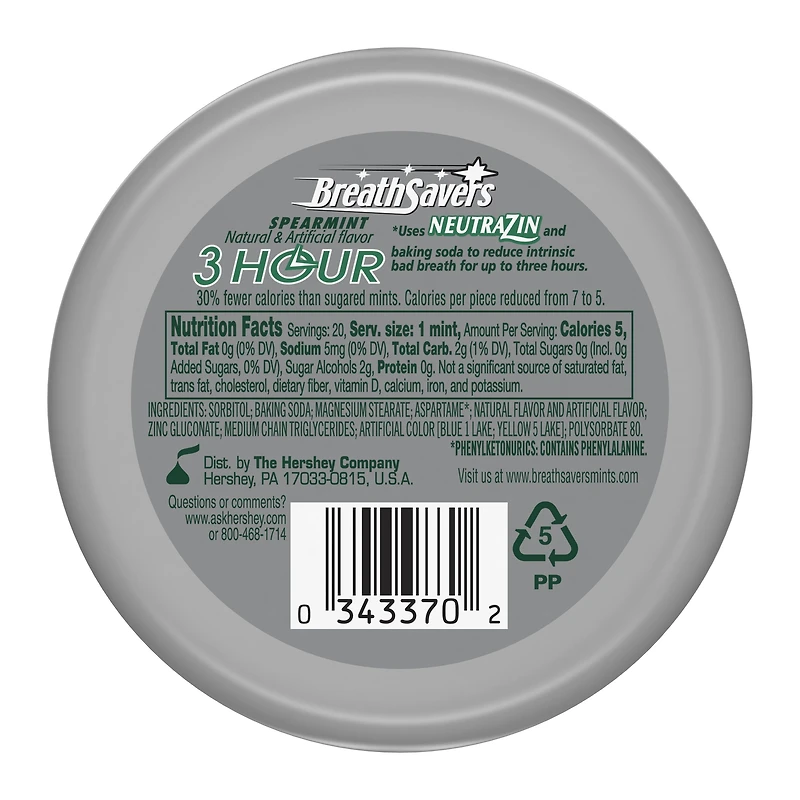 sugar free breath savers® 3 hour mint, spearmint 1.27oz