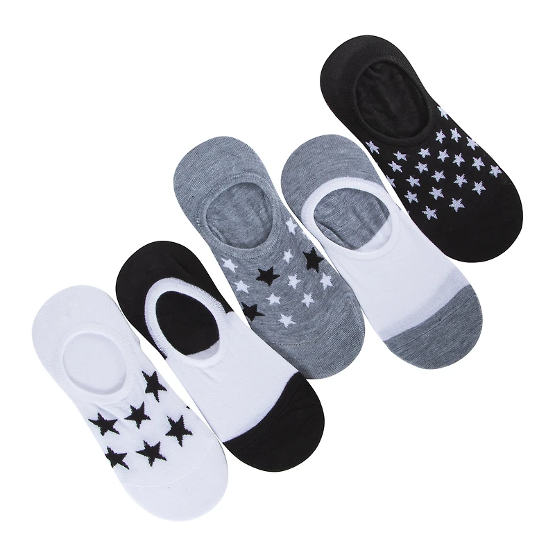no-show sneaker liner socks 5-pack - black & white stars