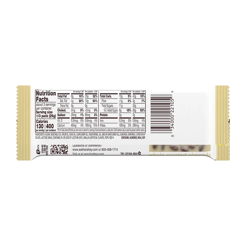 hershey's white with whole almonds king size candy bar 2.6oz