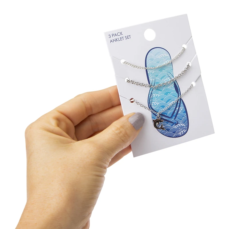 silver dolphin charm anklets set 3-count