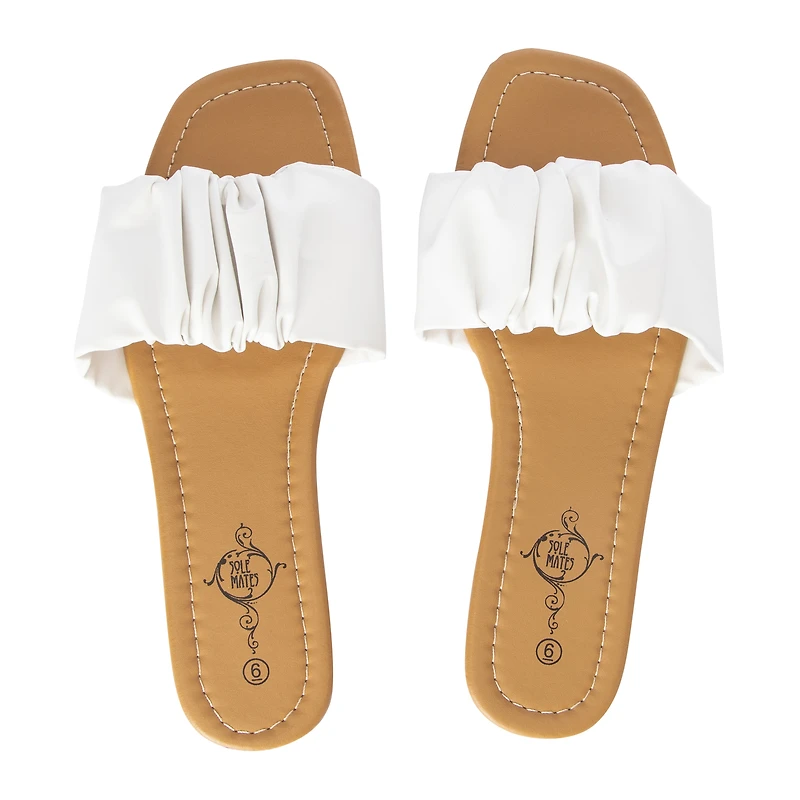 ladies scrunch strap white slide sandals