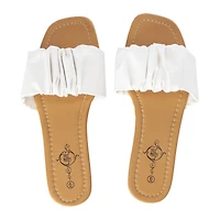 ladies scrunch strap white slide sandals