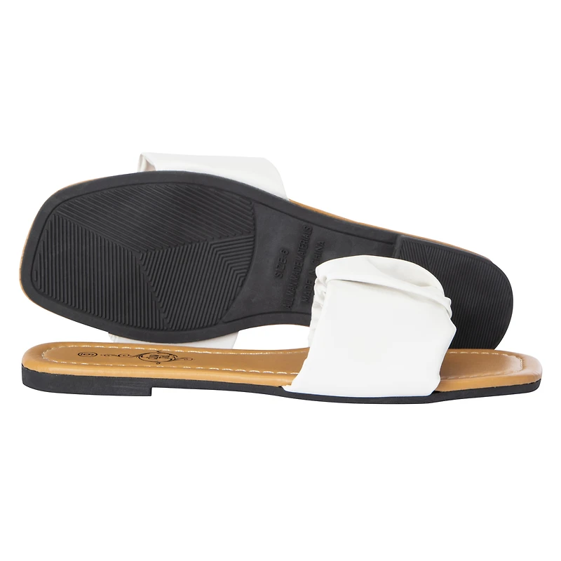 ladies scrunch strap white slide sandals
