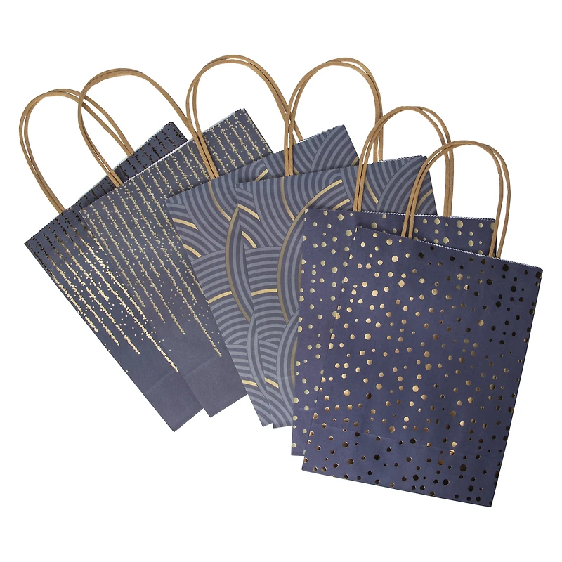 6-count navy & gold kraft paper gift bags 7in x 9in