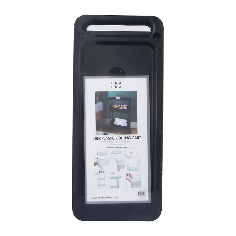 3-tier plastic rolling cart 30.3in x 18.8in