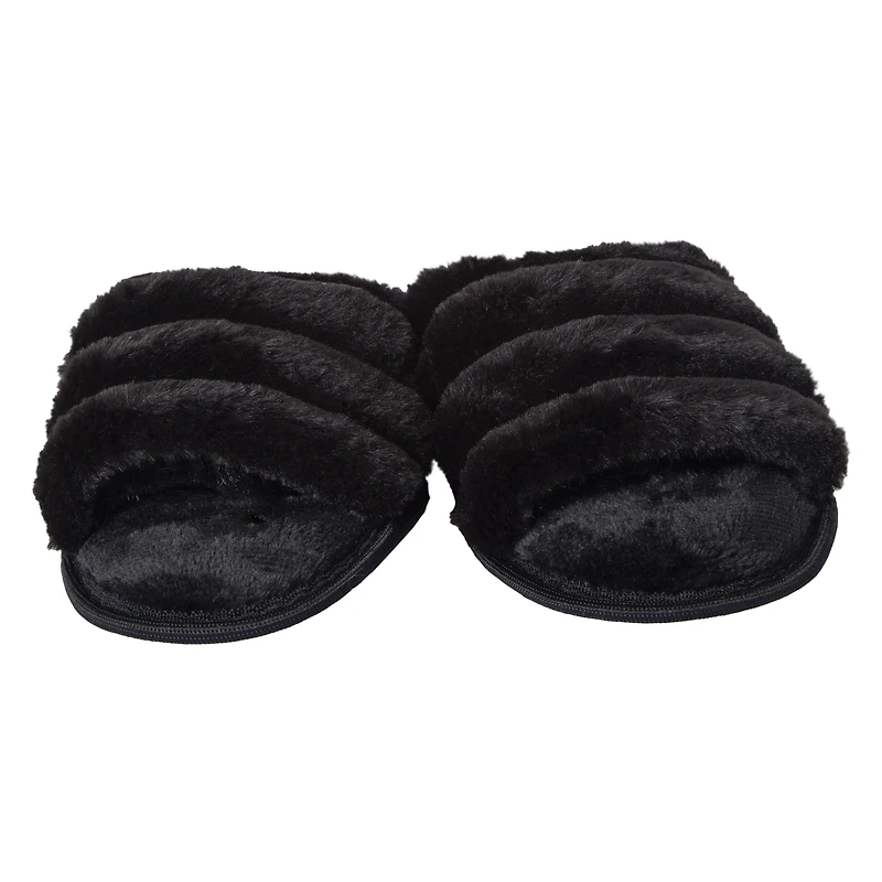 ladies black ribbed faux fur slide slippers