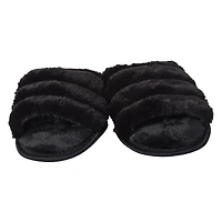 ladies black ribbed faux fur slide slippers