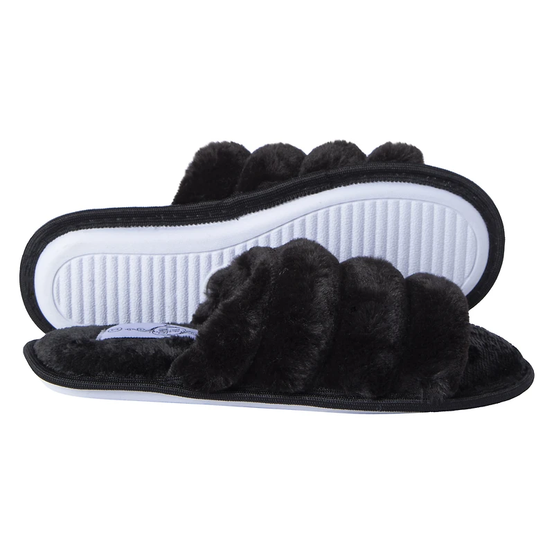 ladies black ribbed faux fur slide slippers