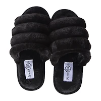 ladies black ribbed faux fur slide slippers