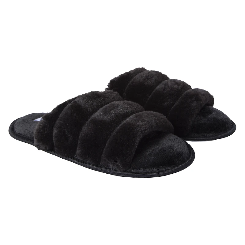 ladies black ribbed faux fur slide slippers