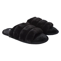 ladies black ribbed faux fur slide slippers
