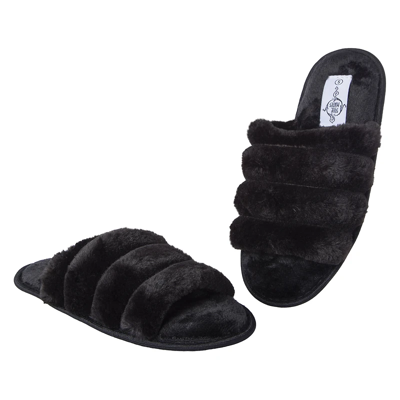 ladies black ribbed faux fur slide slippers