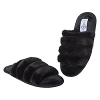ladies black ribbed faux fur slide slippers