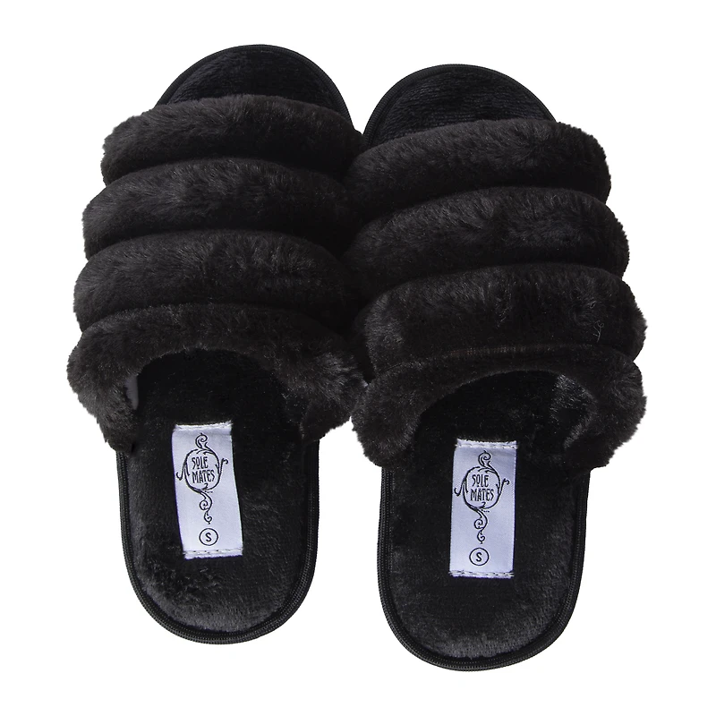 ladies black ribbed faux fur slide slippers
