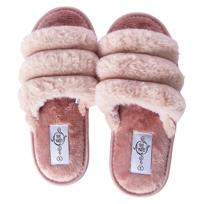 Ladies Ribbed Faux Fur Slide Slippers