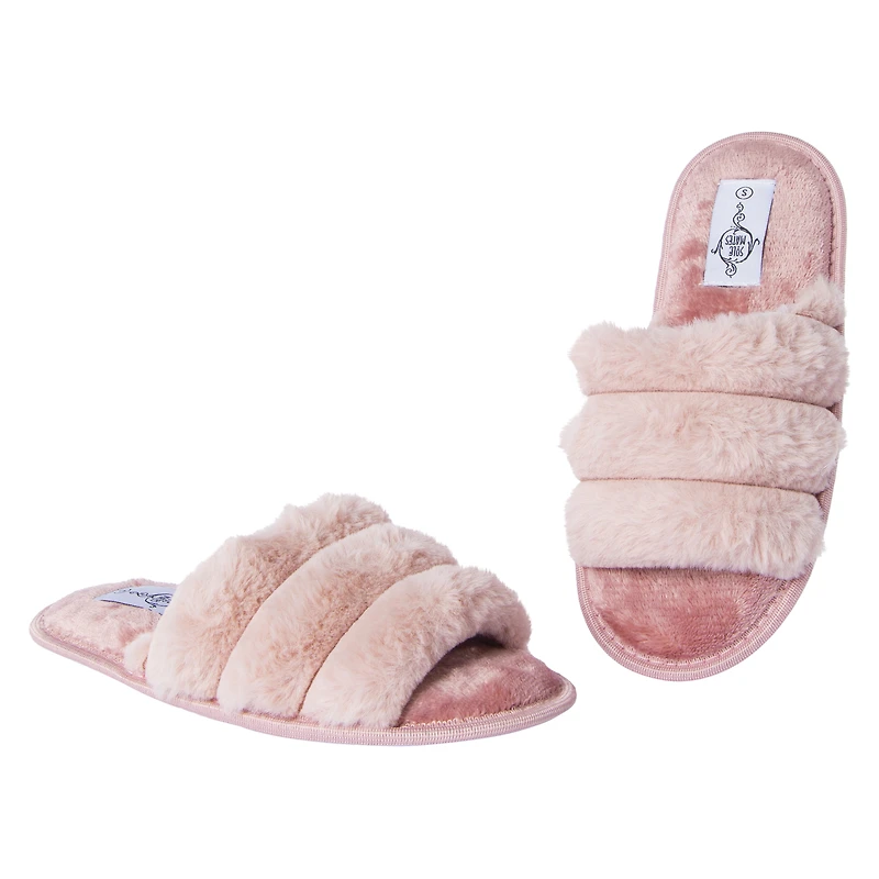 Ladies Ribbed Faux Fur Slide Slippers