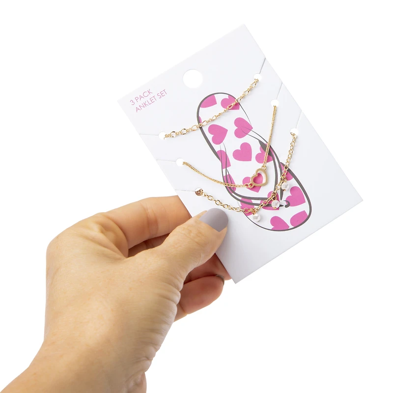 heart & pearl anklets 3-piece set