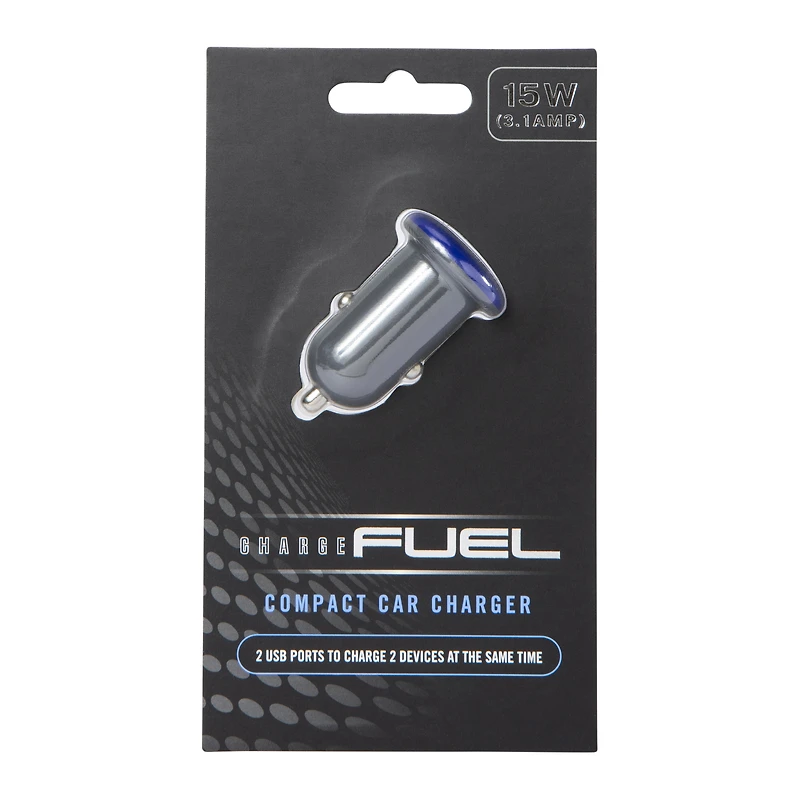 charge fuel compact car charger w/ 2 usb ports - silver