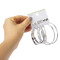 silver glitter studs & hoops earrings set, 6 pairs