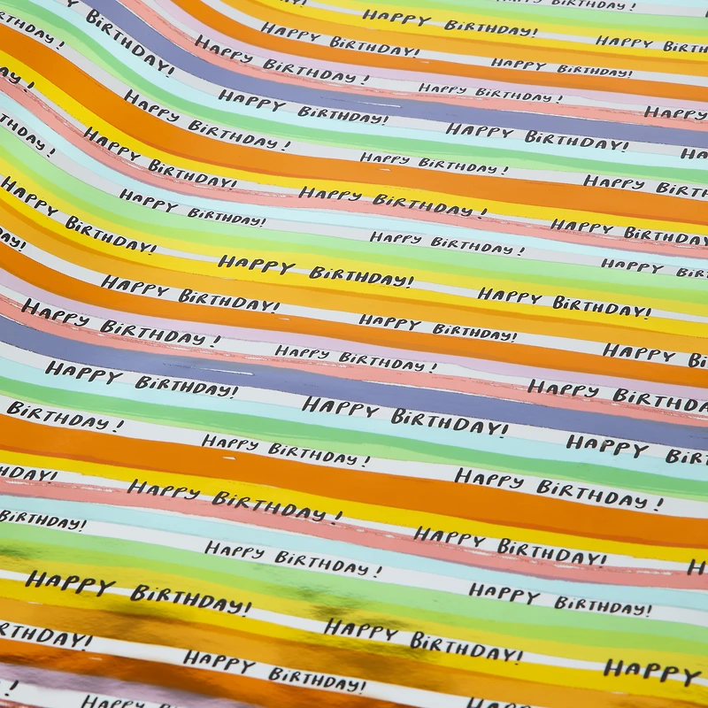 foil rainbow stripe 'happy birthday' wrapping paper roll 4ft x 30in
