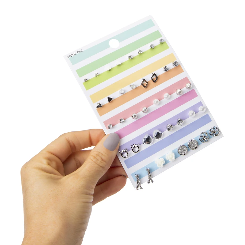 pastel stripe silver stud earrings set, 20 pairs