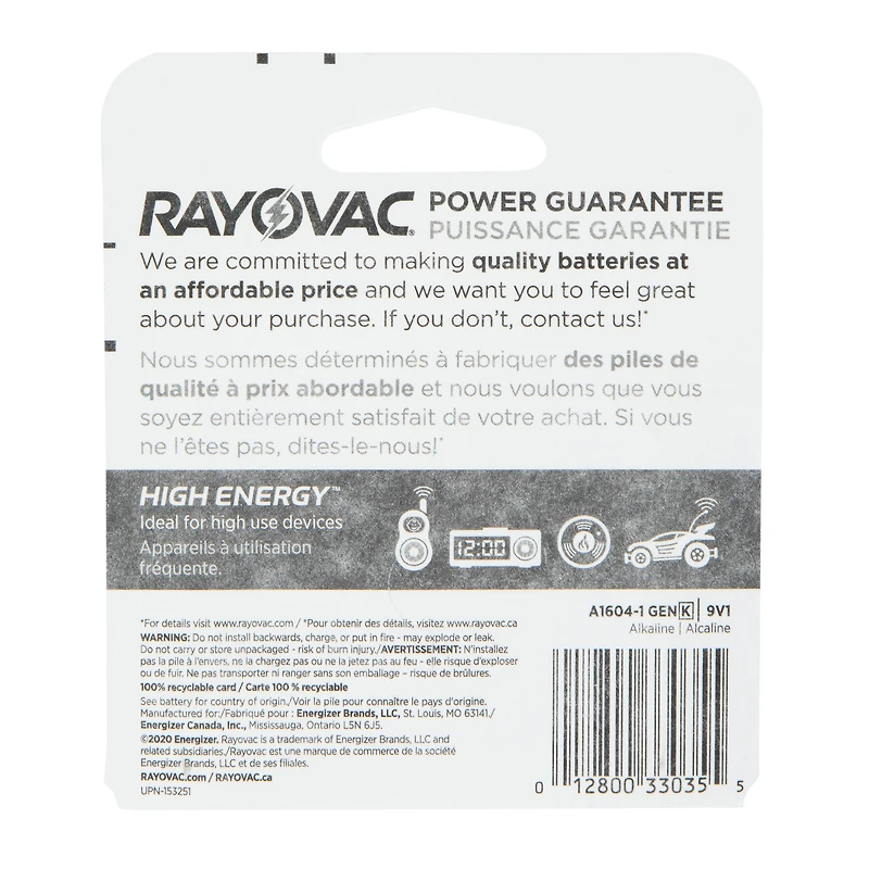 rayovac® high energy® 9v battery