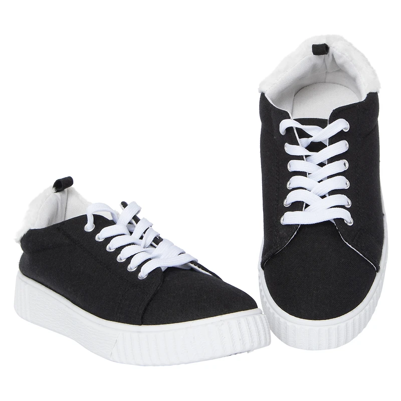 ladies black & white sneakers with faux fur trim