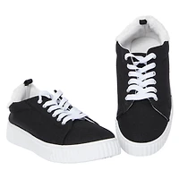 ladies black & white sneakers with faux fur trim