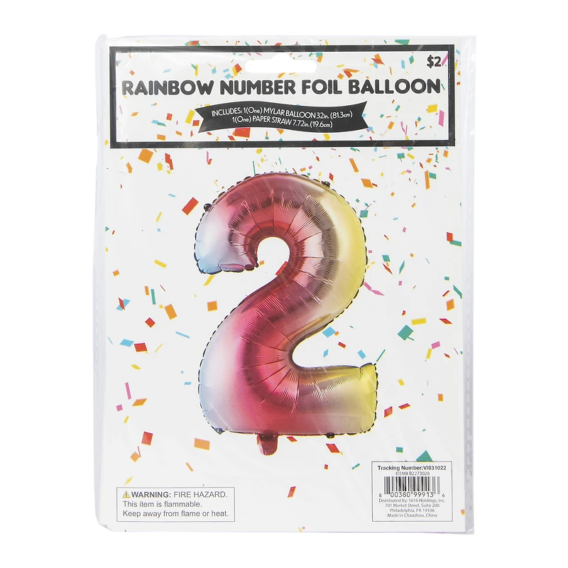 rainbow birthday number foil balloon 32in