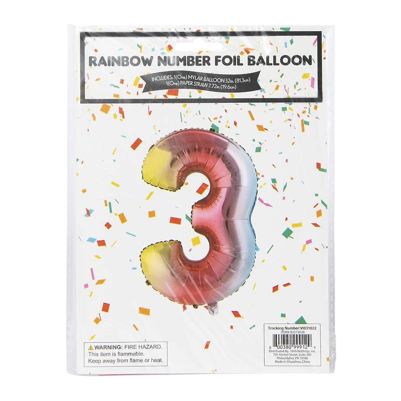 rainbow birthday number foil balloon 32in