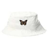 frayed edge bucket hat with embroidered icon