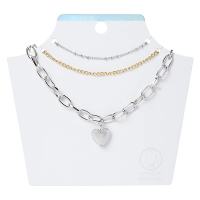 silver chunky chain heart layered necklaces 3-piece set