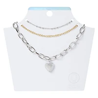 silver chunky chain heart layered necklaces 3-piece set