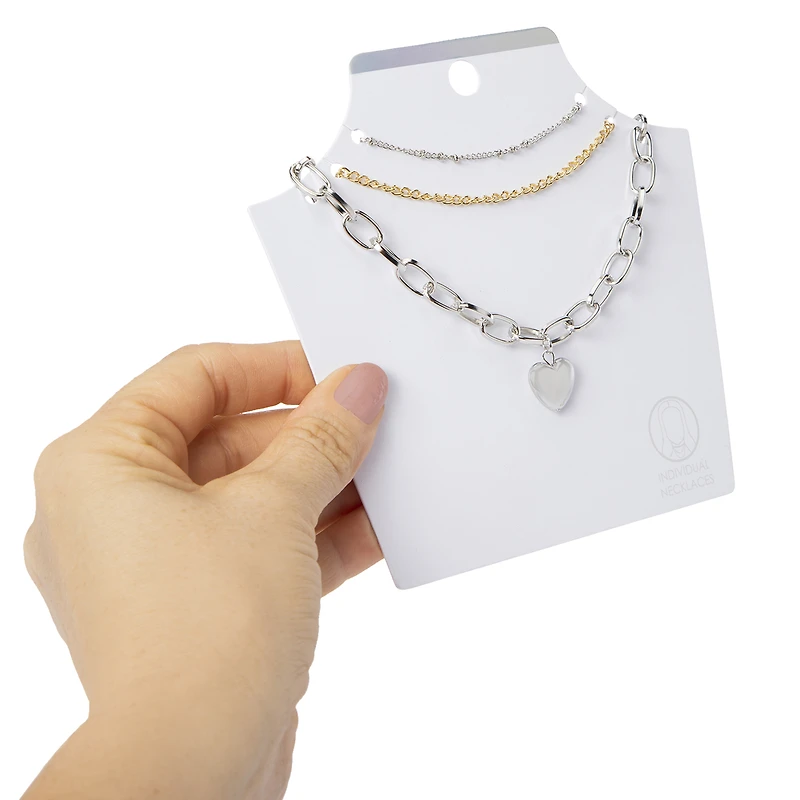silver chunky chain heart layered necklaces 3-piece set