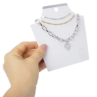 silver chunky chain heart layered necklaces 3-piece set