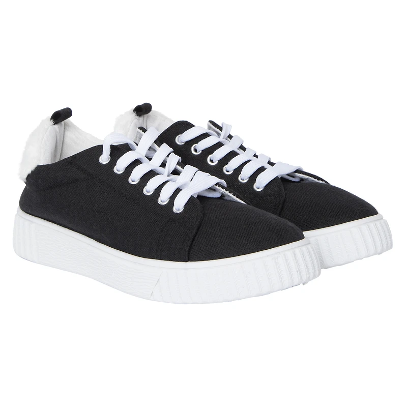 ladies black & white sneakers with faux fur trim