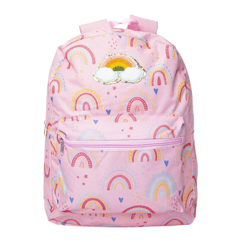printed backpack with fuzzy patch 16in