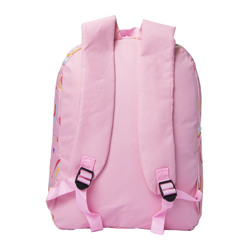 printed backpack with fuzzy patch 16in